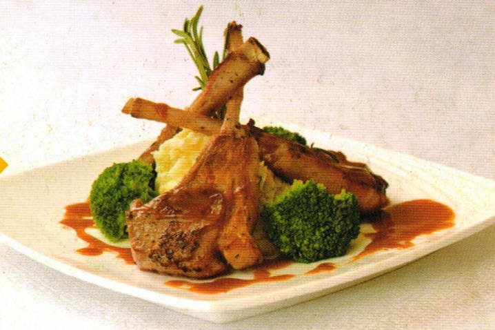 Grilled lamb chops with rosemary mashed potatoes and lamb soup